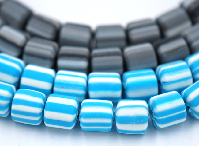 Column Handmade Polymer Clay Bead Spacers,  Blue, Black  Color, FULL STRAND Hover Image