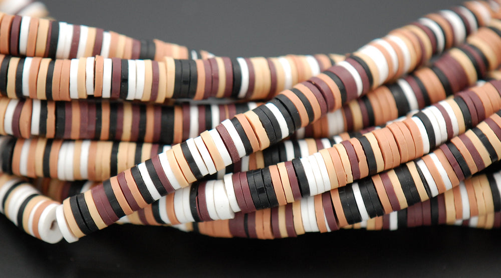 Flat Round Handmade Polymer Clay Bead Spacers, Browns and Beiges, 6x1mm
