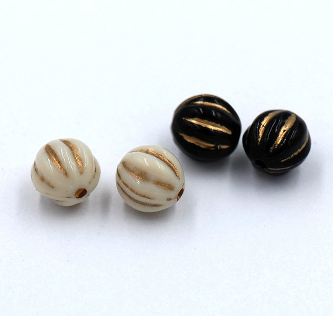 200 beads, 8mm Beige or Black Gold inlayed Fluted Beads Main Image