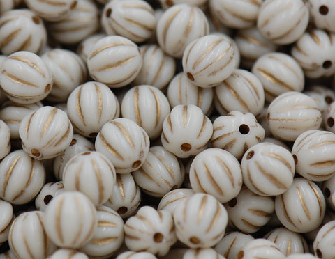 Antiqued Black or Beige Acrylic Fluted Carved beads Gold Enlaced 8mm -100pc