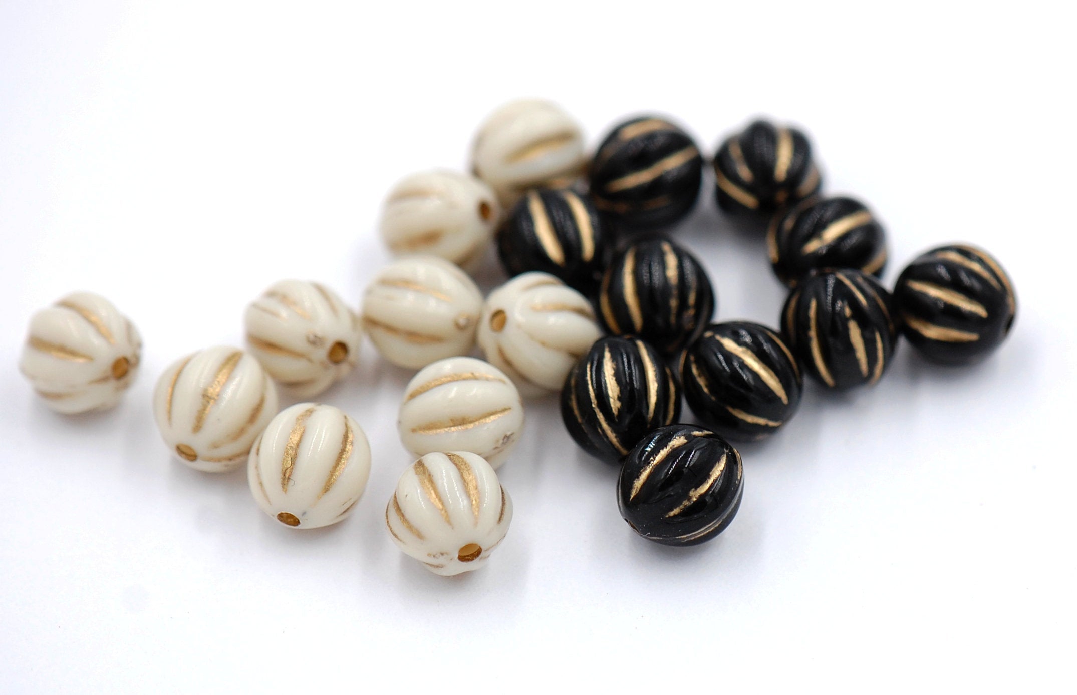 Antiqued Black or Beige Acrylic Fluted Carved beads Gold Enlaced 8mm -100pc