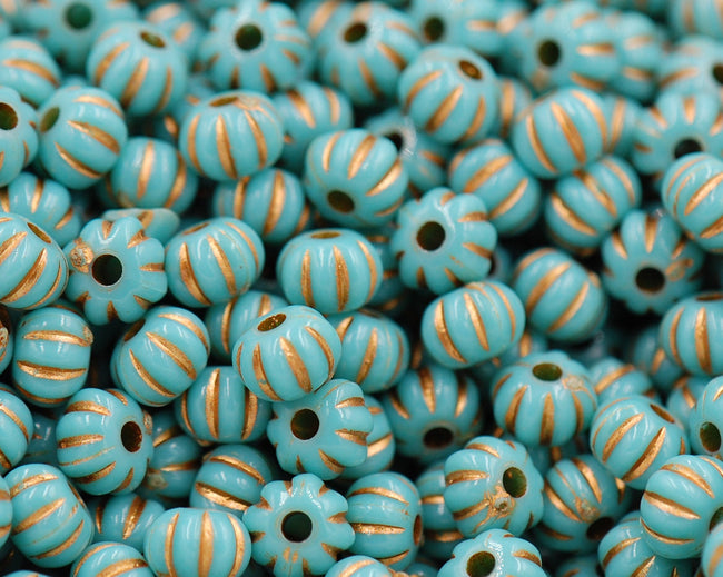 Turquoise Acrylic Fluted Carved beads Gold Enlaced 7mm -100pc Hover Image