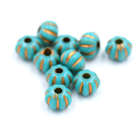 Turquoise Acrylic Fluted Carved beads Gold Enlaced 7mm -100pc