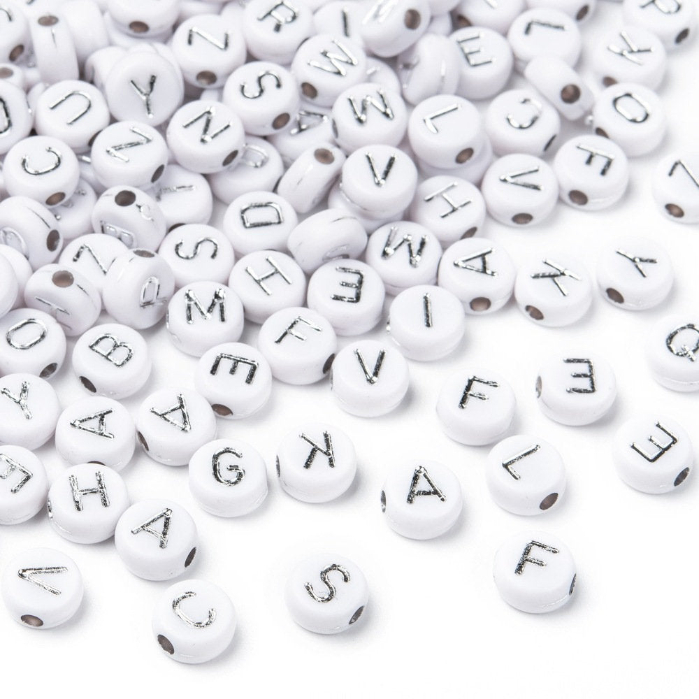 Acrylic Letter Beads, Random Mix Letters A to Z, Cube, White or Black 7mm, 200pc