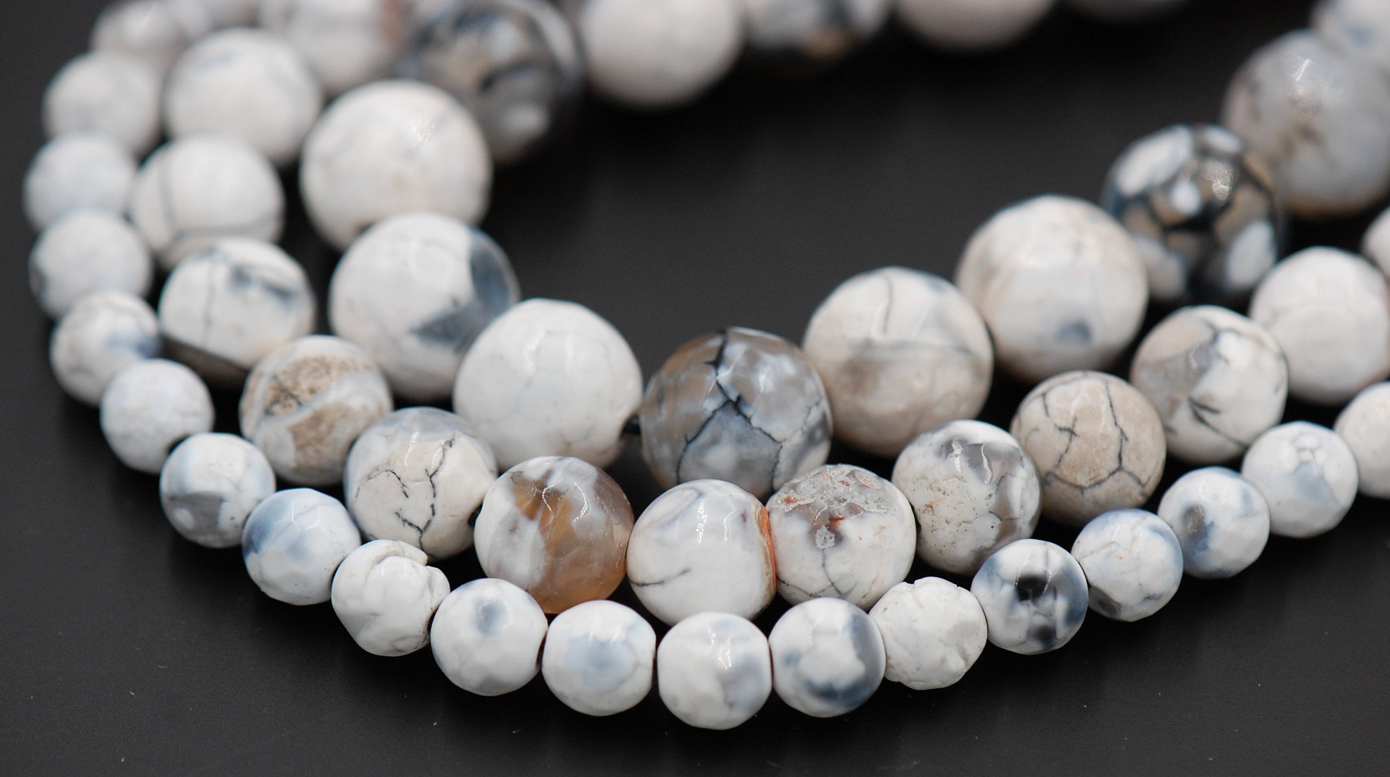 White and Black Fire Agate 6mm, 8mm, 10mm - 15 inch strand