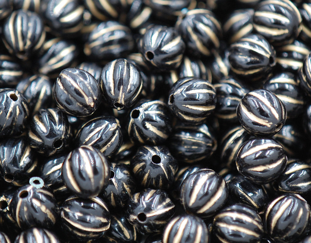 Antiqued Black or Beige Acrylic Fluted Carved beads Gold Enlaced 8mm -100pc
