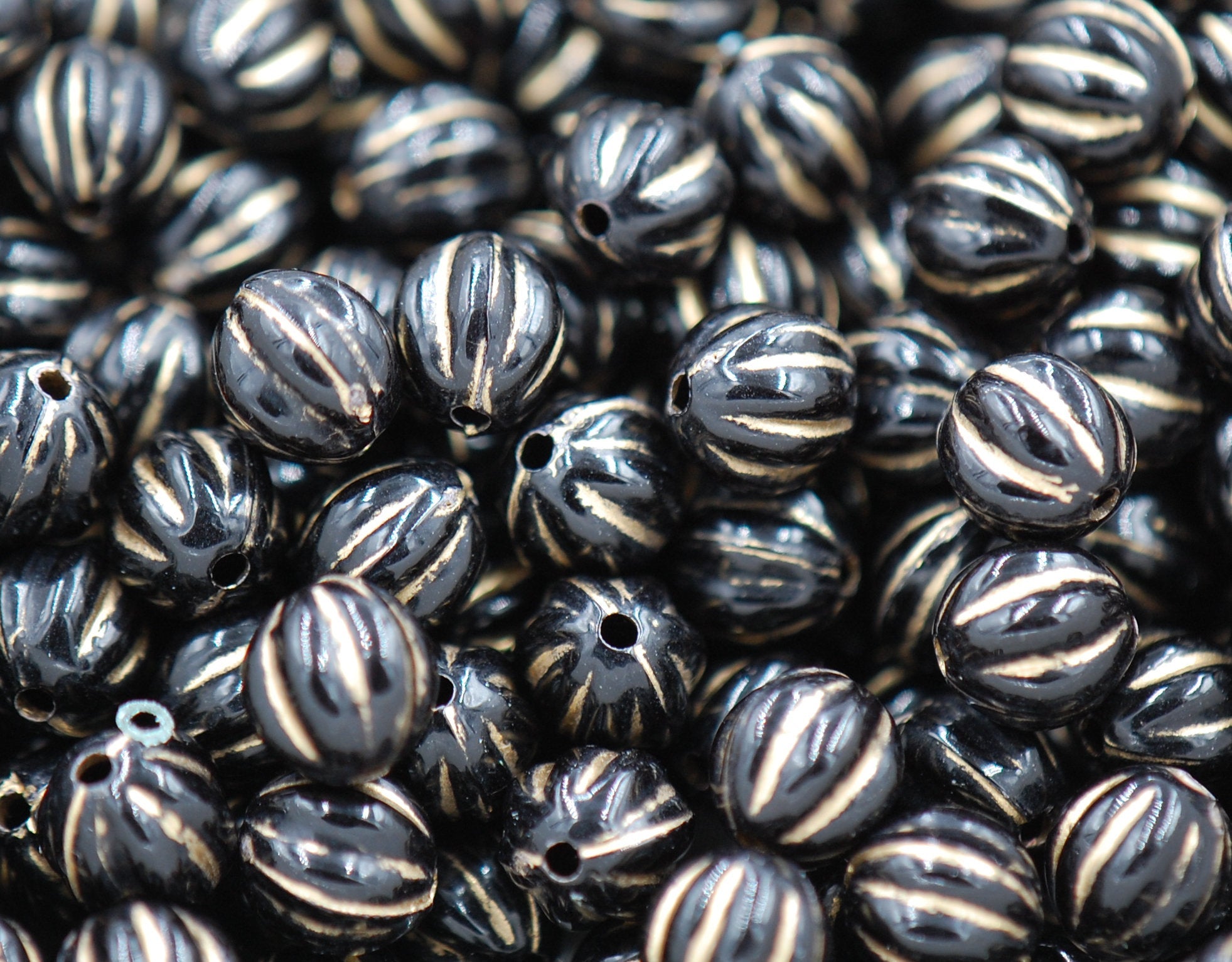 Antiqued Black or Beige Acrylic Fluted Carved beads Gold Enlaced 8mm -100pc
