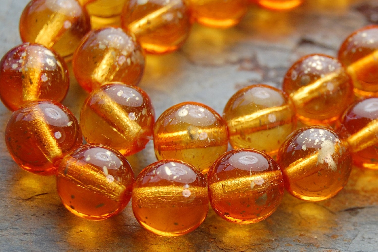 8mm Czech Glass Round Gold Dusted Amber Beads  -25