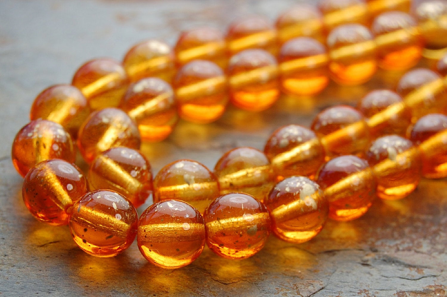 8mm Czech Glass Round Gold Dusted Amber Beads  -25