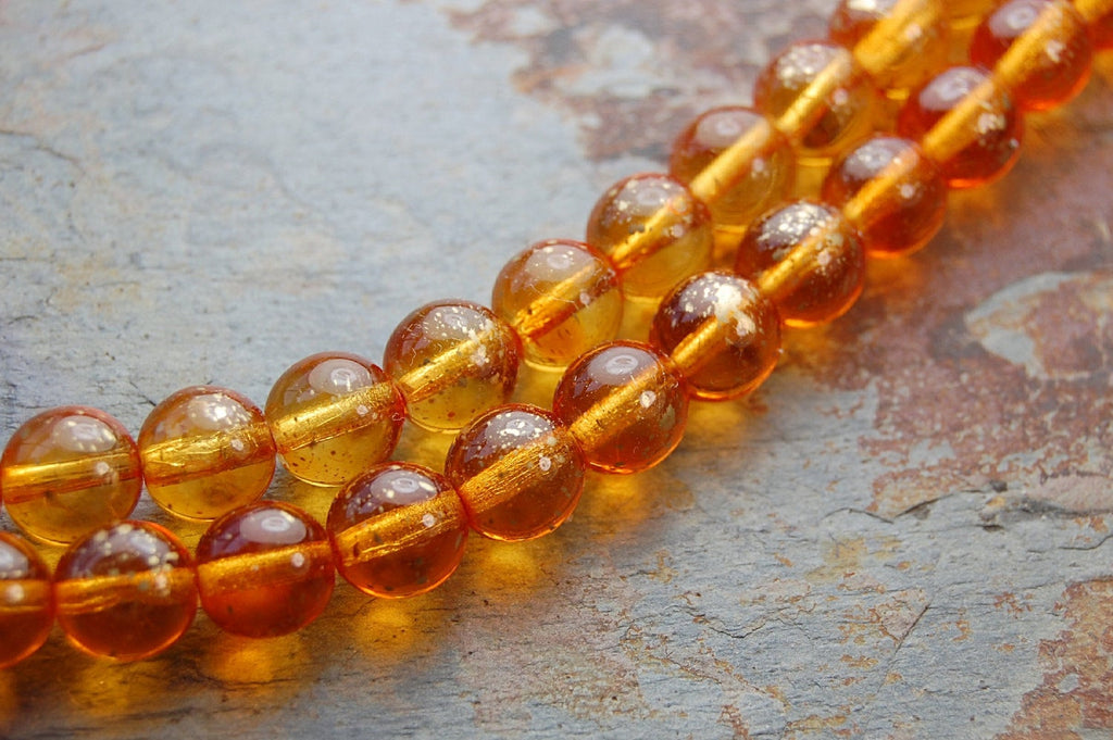 8mm Czech Glass Round Gold Dusted Amber Beads  -25