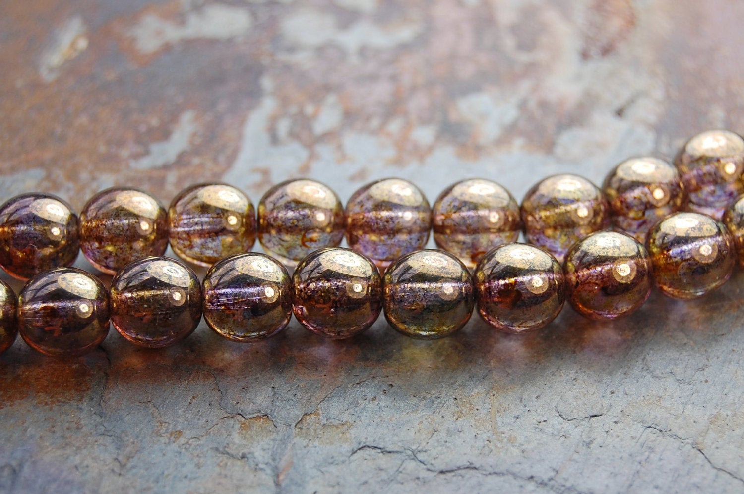 8mm Czech Glass Round Gold Smokey Topaz Luster Beads  -25