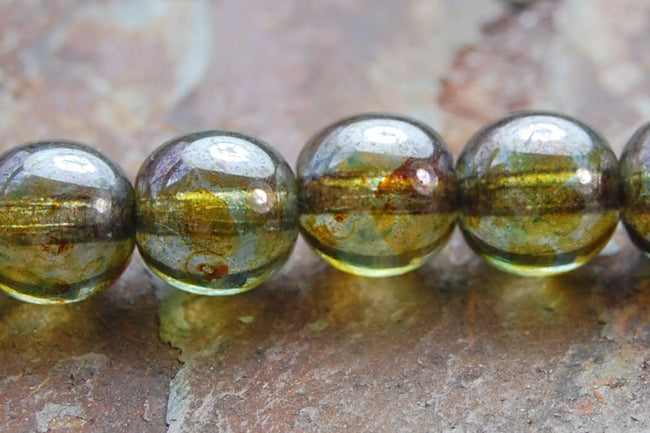 8mm Czech Glass Round Olive Green Luster  -25 Main Image