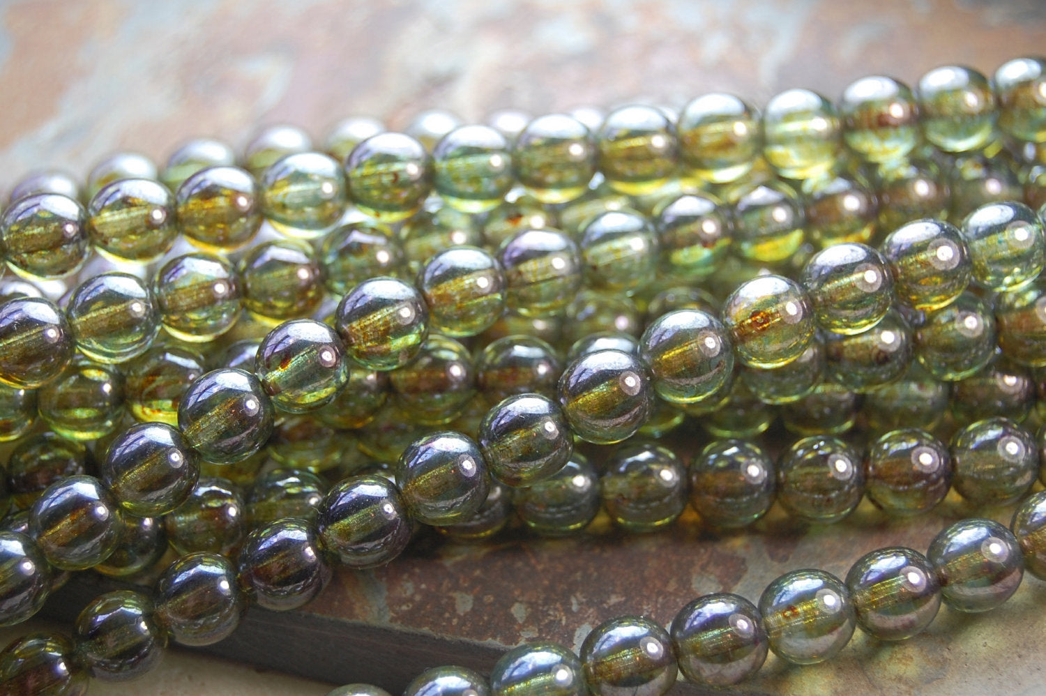 8mm Czech Glass Round Olive Green Luster  -25