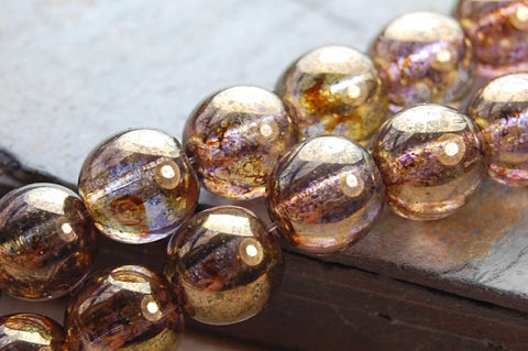 8mm Czech Glass Round Gold Smokey Topaz Luster Beads  -25