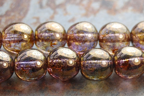 8mm Czech Glass Round Gold Smokey Topaz Luster Beads  -25