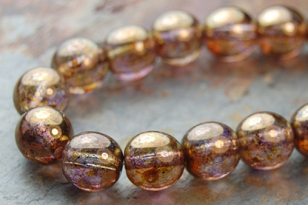 8mm Czech Glass Round Gold Smokey Topaz Luster Beads  -25