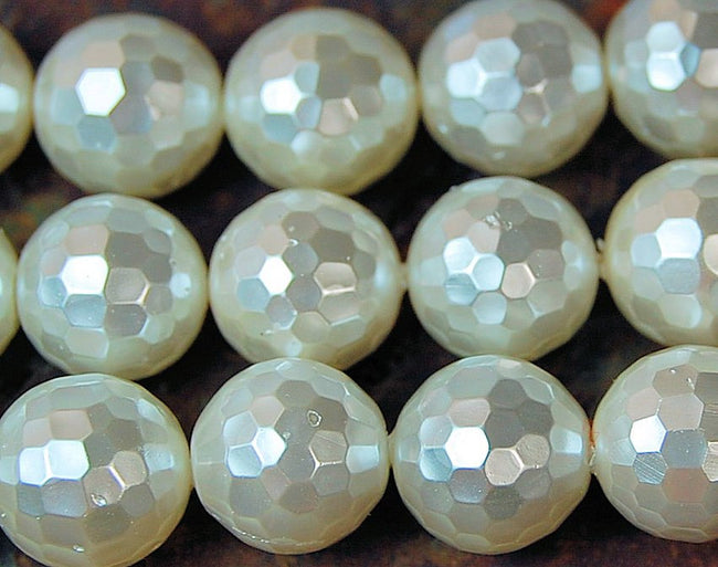 South Sea Shell Pearl, Antique White 8mm Faceted Rounds -16 inch strand Hover Image