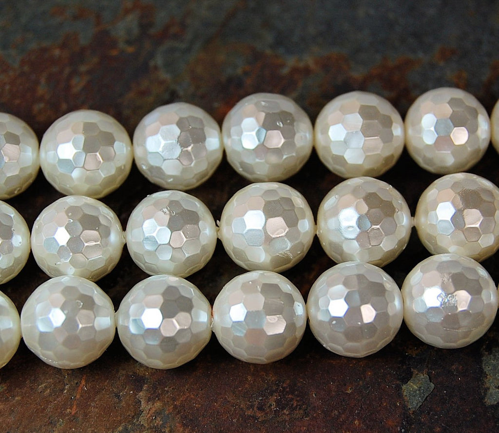 South Sea Shell Pearl, Antique White 8mm Faceted Rounds -16 inch strand