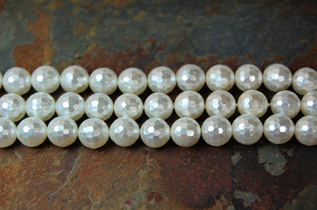 South Sea Shell Pearl, Antique White 8mm Faceted Rounds -16 inch strand