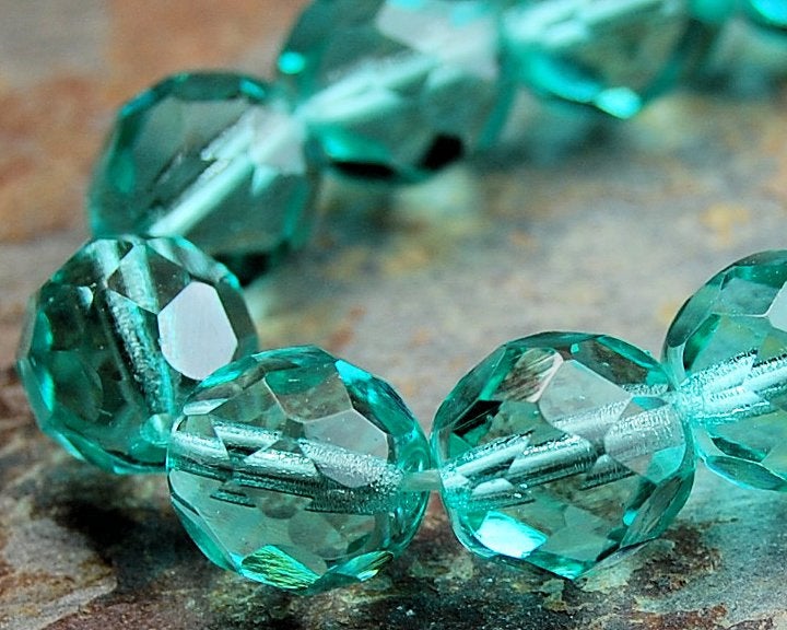 Turquoise Green 8mm Faceted Czech Glass Beads   -16 inch strand