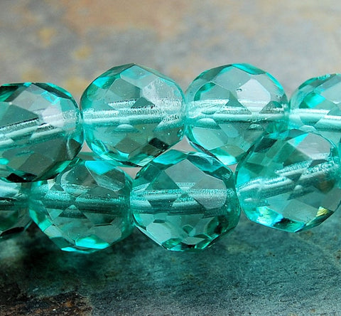 Turquoise Green 8mm Faceted Czech Glass Beads   -16 inch strand