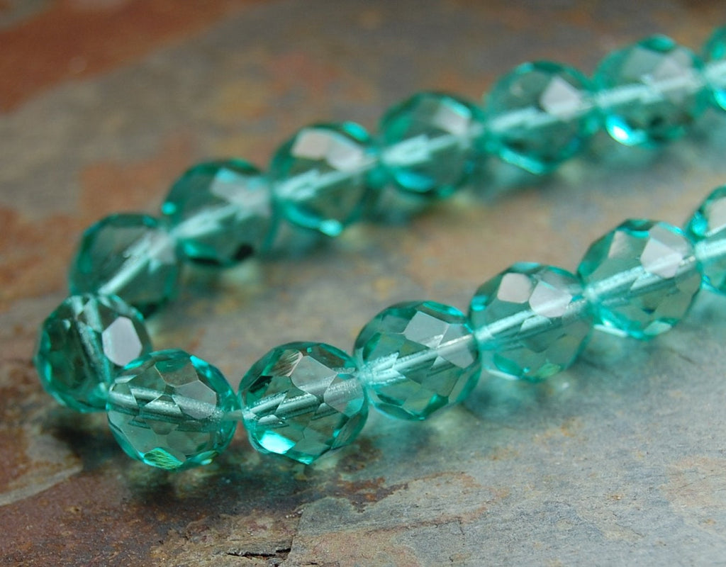 Turquoise Green 8mm Faceted Czech Glass Beads   -16 inch strand