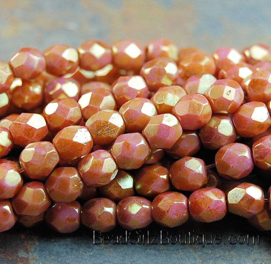 6mm Antique Rose Gold Luster Opaque Czech Glass Faceted Bead  -25 czech beads