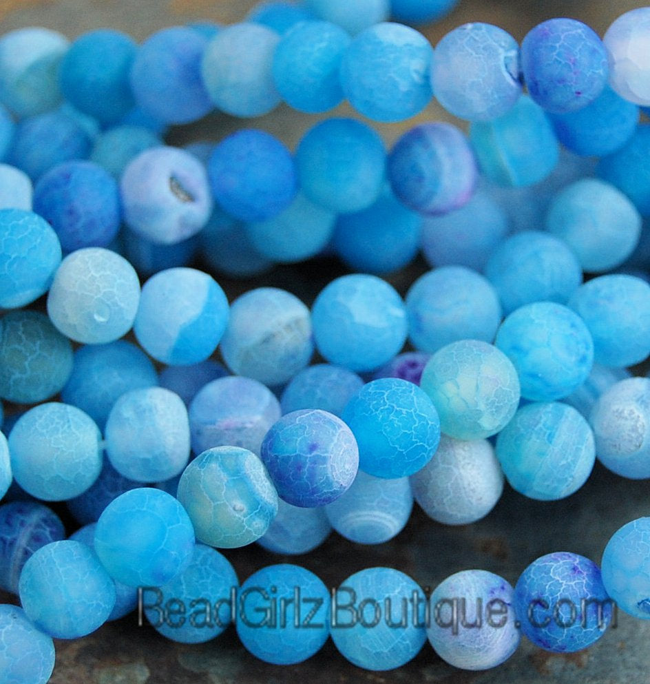 8mm Frosted Agate Round Beads in Blue  -15 inch strand