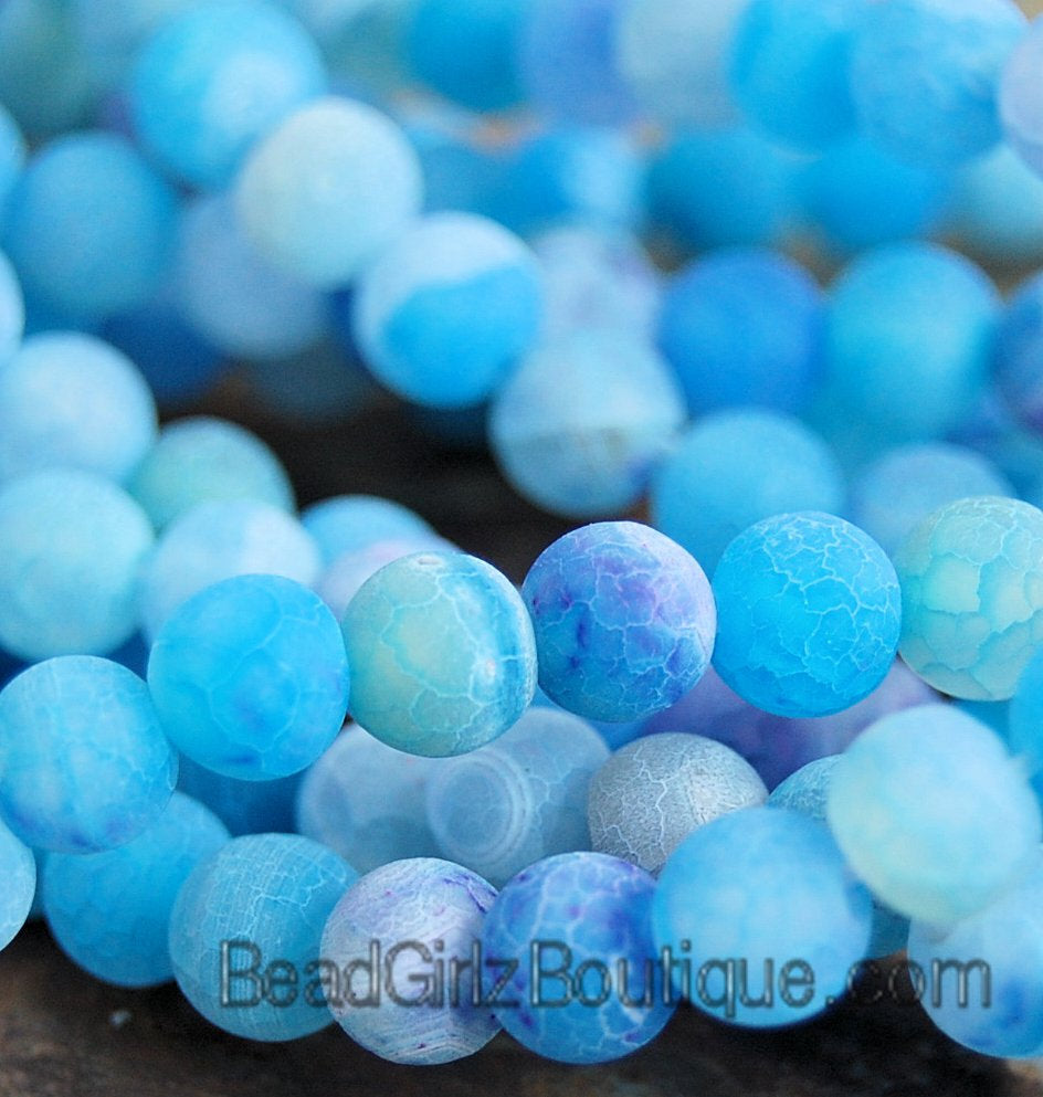 8mm Frosted Agate Round Beads in Blue  -15 inch strand