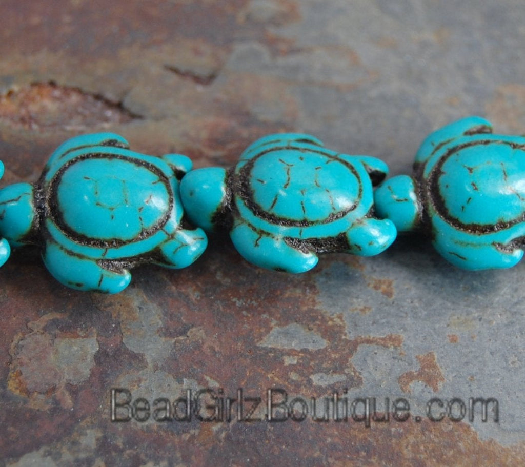 Howlite dyed turquoise blue, 14x17mm double-sided carved sea turtle -15 inch strand
