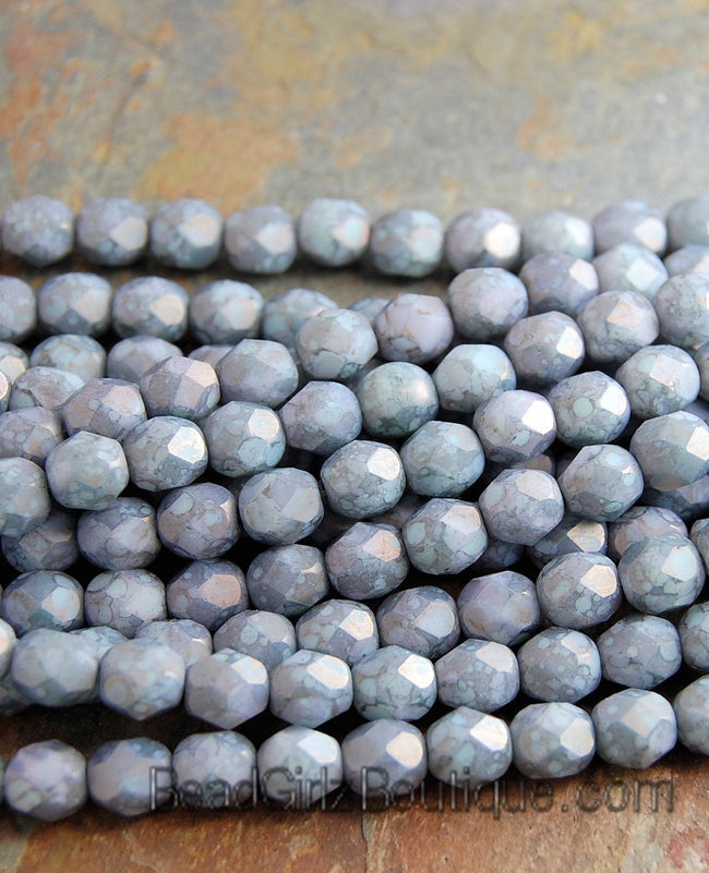 Matte Opaque Pale Blue-Grey Moon Dust Czech Glass Bead 6mm Round - 25 Pc Hover Image