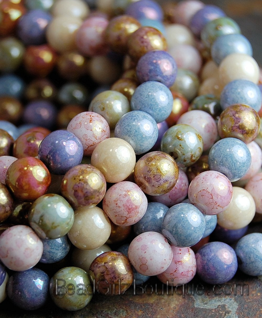 Czech Beads 6mm Fire Polished Glass Round in Opaque Multi-Color luster- 50 Pieces