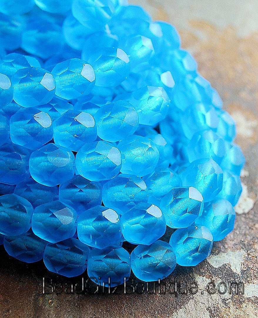Matte Aquamarine Blue Czech Frosted Faceted Glass Bead 6mm Round - 25 Pc