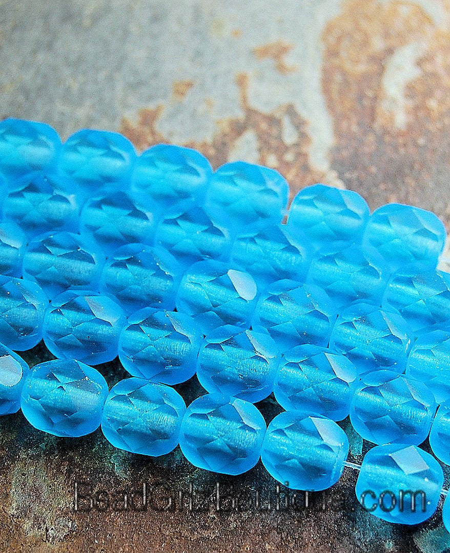 Matte Aquamarine Blue Czech Frosted Faceted Glass Bead 6mm Round - 25 Pc