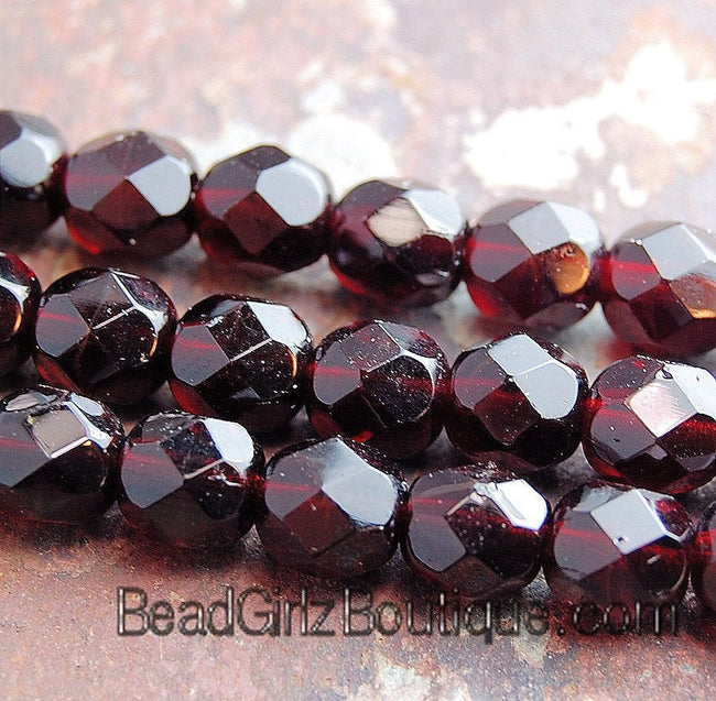 6mm Garnet Crystal Czech Glass Faceted Bead  -25 czech beads Hover Image
