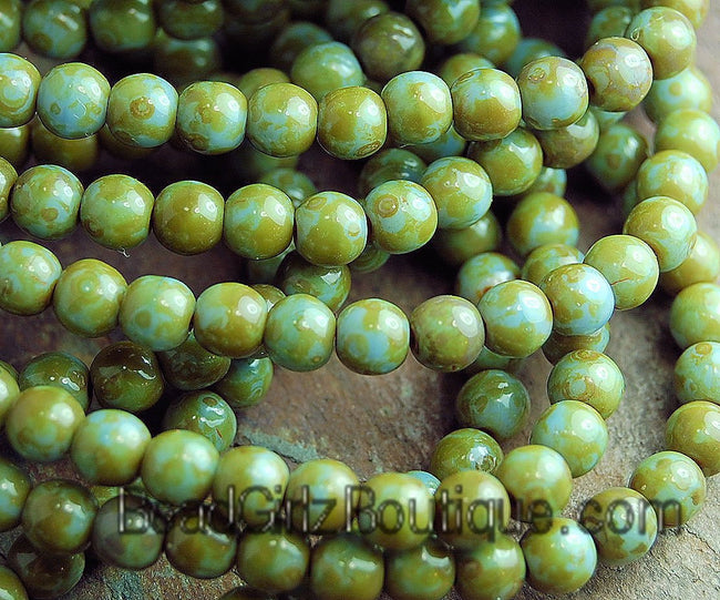 Czech Glass Opaque Blue Picasso 4mm round beads   - 100 Czech Beads Main Image