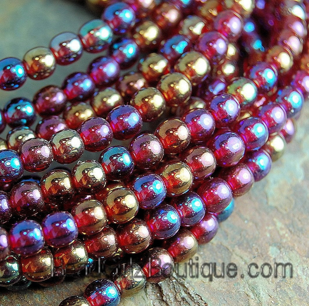 Czech Glass Garnet Iris Luster 4mm round beads   - 100 Czech Beads