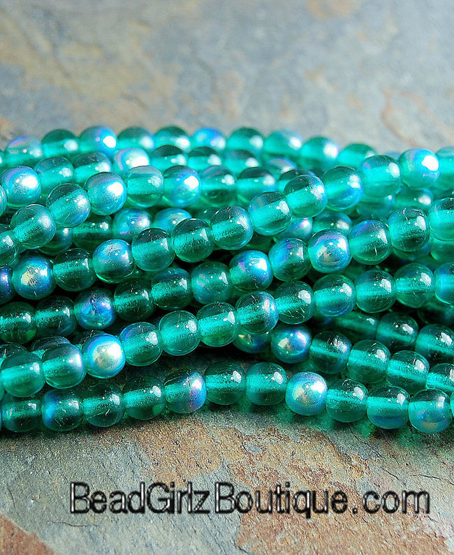 Emerald Green AB 4mm round druk beads  - 100 Czech Beads Hover Image