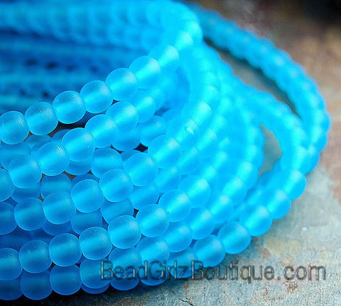 Aquamarine Blue 4mm Frosted Matte Glass Round Druk Beads - 100