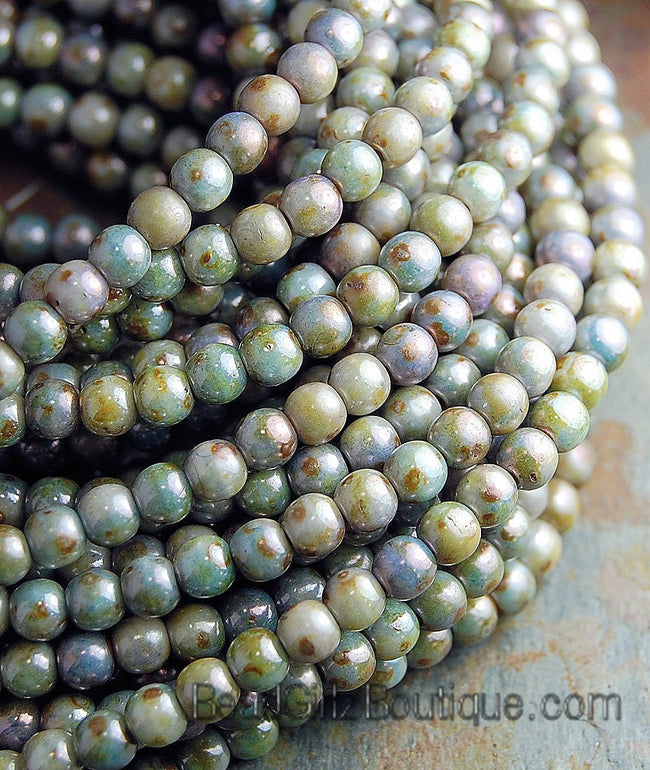 Opaque Green Luster 4mm round beads   - 100 Czech Beads Main Image
