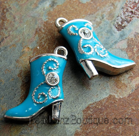Cowboy Boot Charm Turquoise Enamel Metal Rhinestone 16x21mm -1