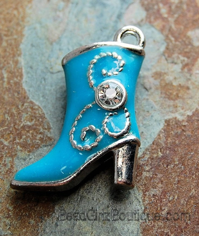 Cowboy Boot Charm Turquoise Enamel Metal Rhinestone 16x21mm -1 Hover Image