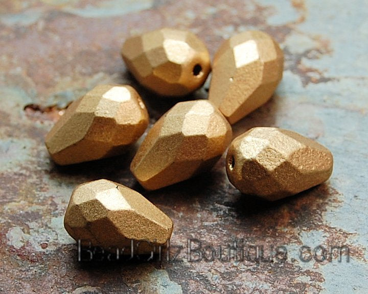 Matte Gold Czech Glass 10x7mm Teardrop Beads -12