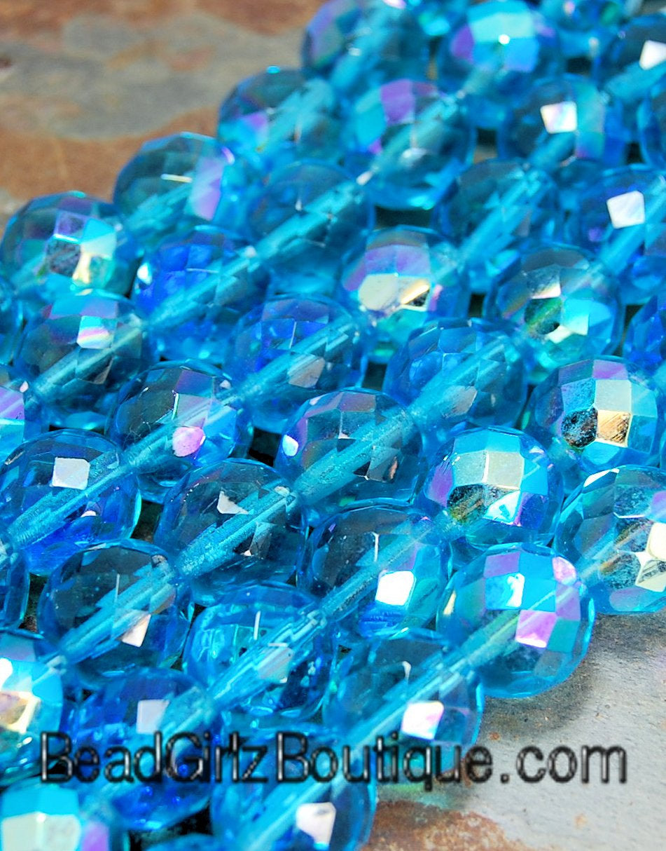 12mm Czech Beads Faceted  in AB Turquoise Blue -20
