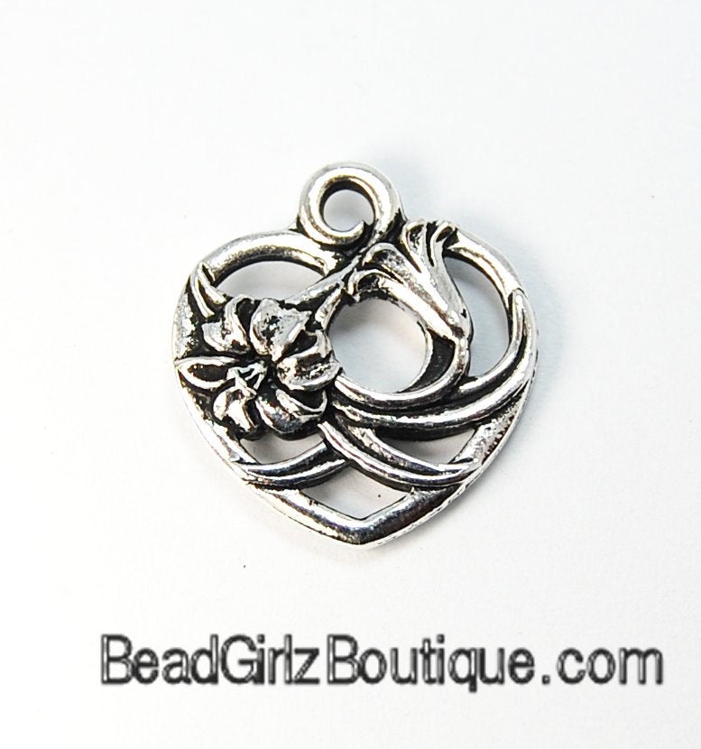 TierraCast Antique Silver Floral Heart Charm -1