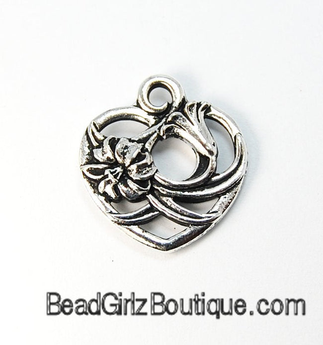 TierraCast Antique Silver Floral Heart Charm -1 Hover Image