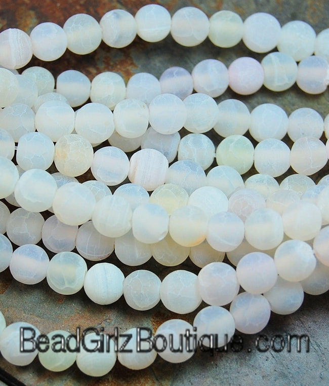 Frosted White Agate 4mm 6mm 8mm 10mm Round Beads  -14.6  inch strand Hover Image