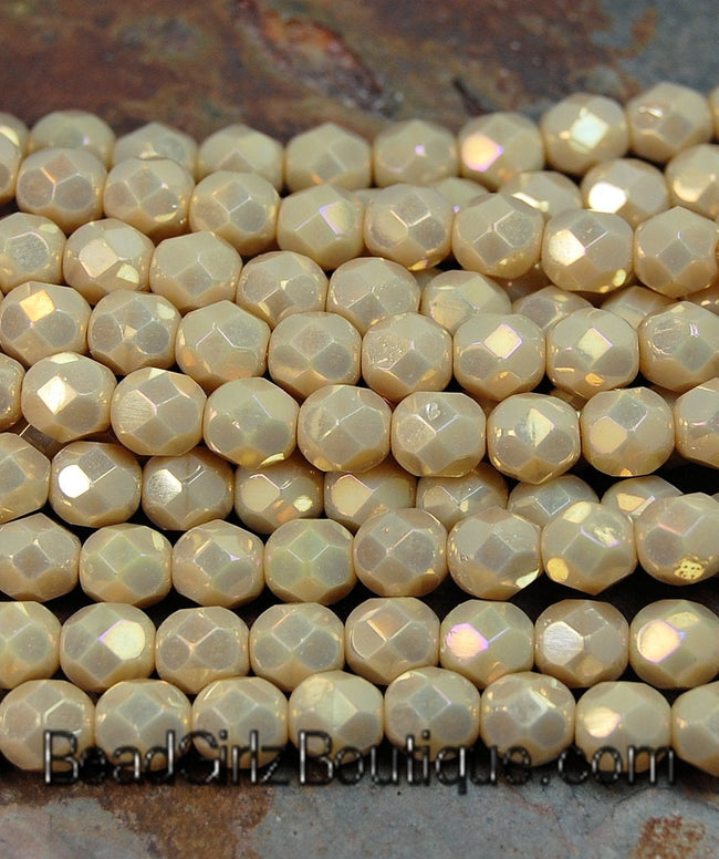Opaque - Luster Iris - Antique Beige Czech Glass Faceted Bead 6mm Round - 25 Pc Hover Image