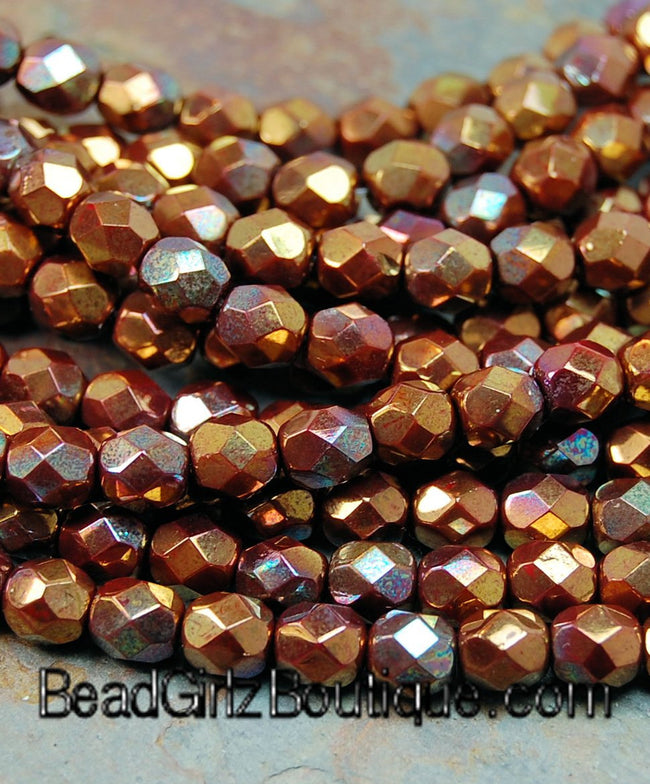 Bronze Luster - Opaque Red Czech Glass Faceted 6mm Beads -25 Main Image