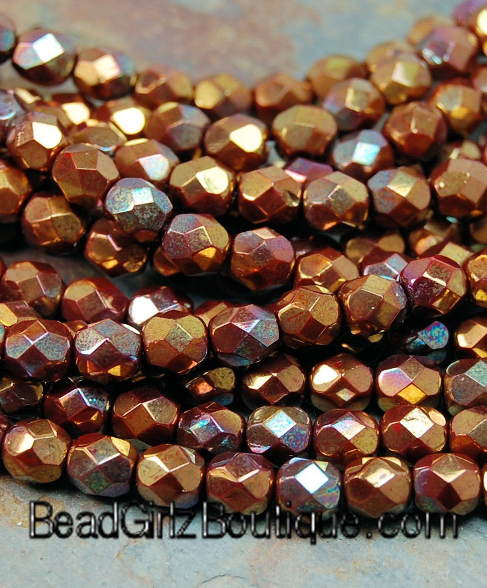 Bronze Luster - Opaque Red Czech Glass Faceted 6mm Beads -25